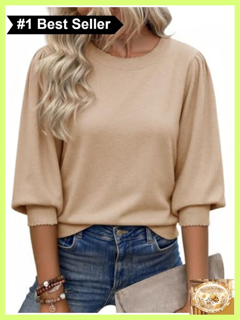 Womens 3/4 Puff Sleeve Sweater Lightweight Knit Pullover Top